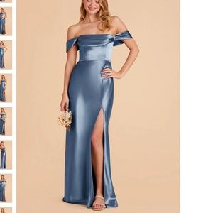 Birdy Grey Twilight Blue Mia Satin Off-Shoulder Maxi Dress